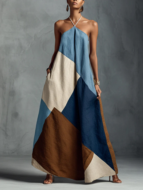 Color Block Geometric Print Halter Maxi Dress For Summer Vacation Casual