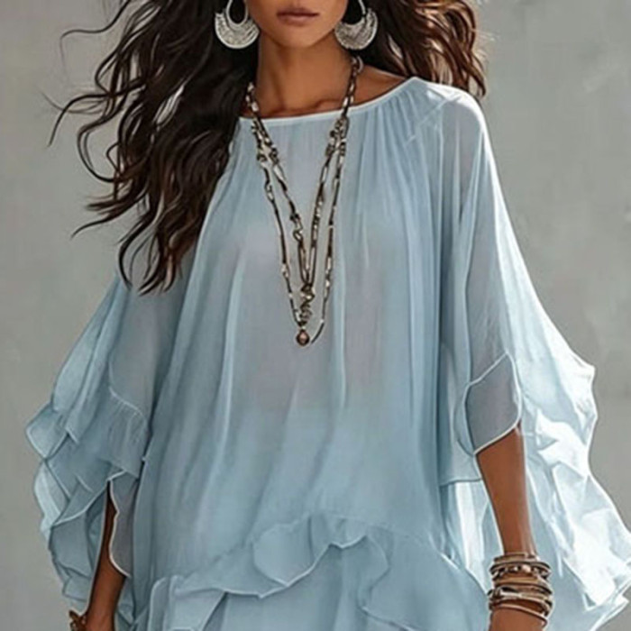 Vintage Solid Batwing Sleeve Tiered Mesh Maxi Dress For Holiday Travel Casual