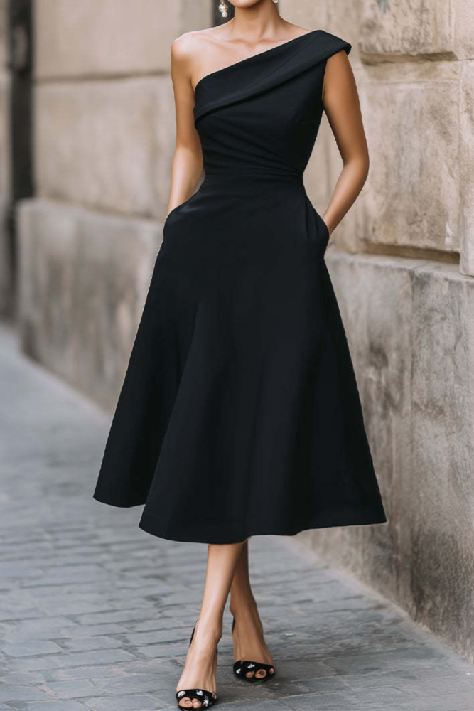 Solid Color Slim One Shoulder Backless Midi Dress For Summer Party