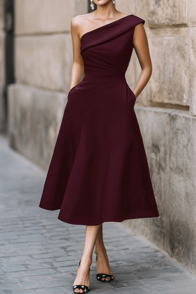 Solid Color Slim One Shoulder Backless Midi Dress For Summer Party