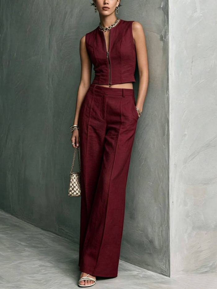 Solid Sleeveless Zip Tank Top & Straight Trousers Two Piece Set For Commuting Summer Casual