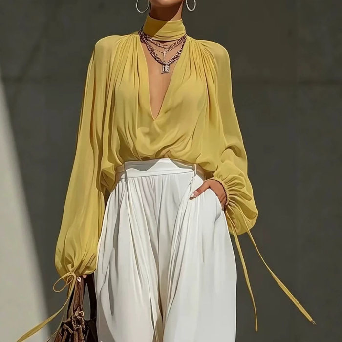 Mock Neck Deep V Puff Sleeve Chiffon Blouse With Long Drawstring For Spring Summer Daily Casual