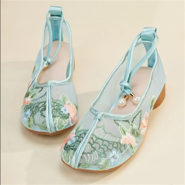 Embroidered Mesh Vintage Thick Heel Sandals Soft Non Slip Shoes