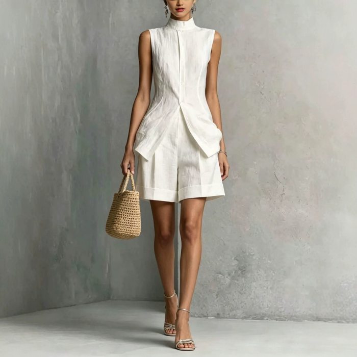 Solid Sleeveless Vest & Shorts Two Piece Set For Summer Street Holiday Casual
