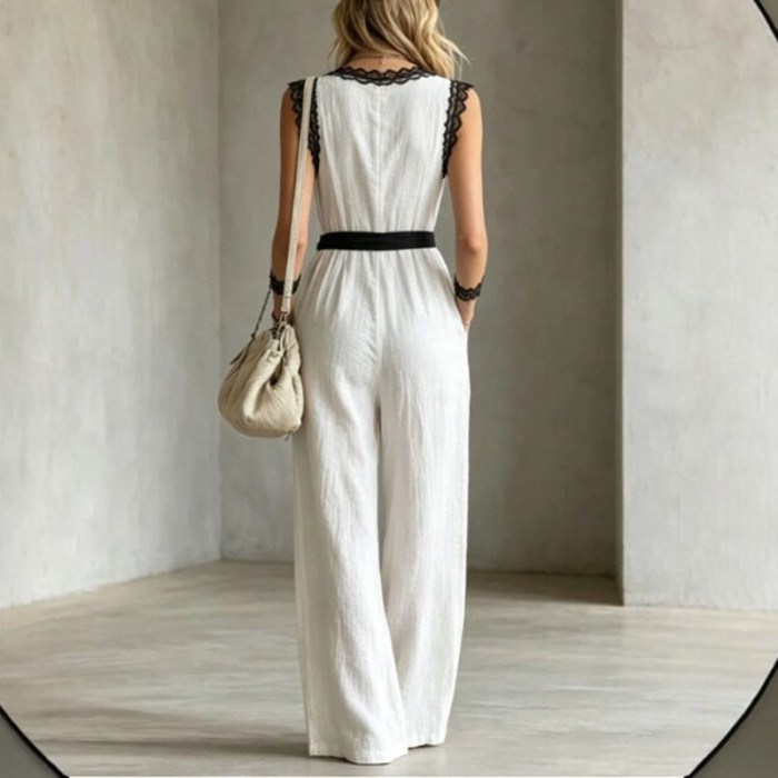Solid V-Neck Sleeveless Lace Edge Belted Wide Leg Jumpsuit With Pockets For Women Summer Vacation Casual