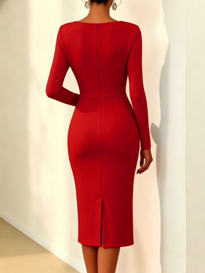 Slim Skew Collar Long Sleeve Pencil Dress With Floral Tie Detail For Summer Daily