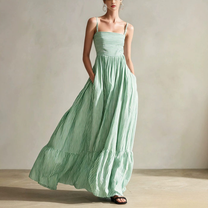 Striped Square Neck Spaghetti Strap Maxi Dress For Beach Vacation