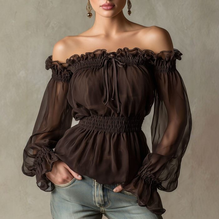 Off Shoulder Ruffle Long Sleeve Slim Waist Blouse For Office & Summer Daily