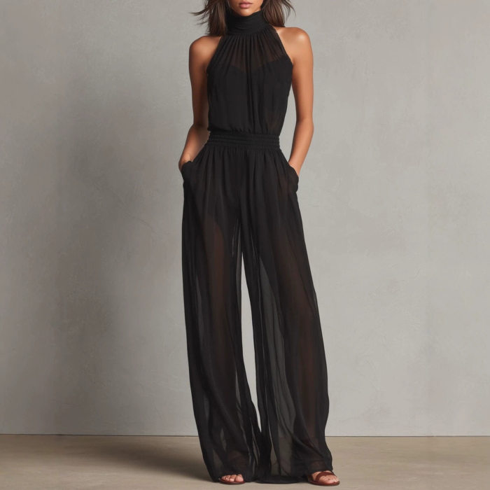 Elegant Sleeveless Halter Wide Leg Jumpsuit For Holiday Street Casual
