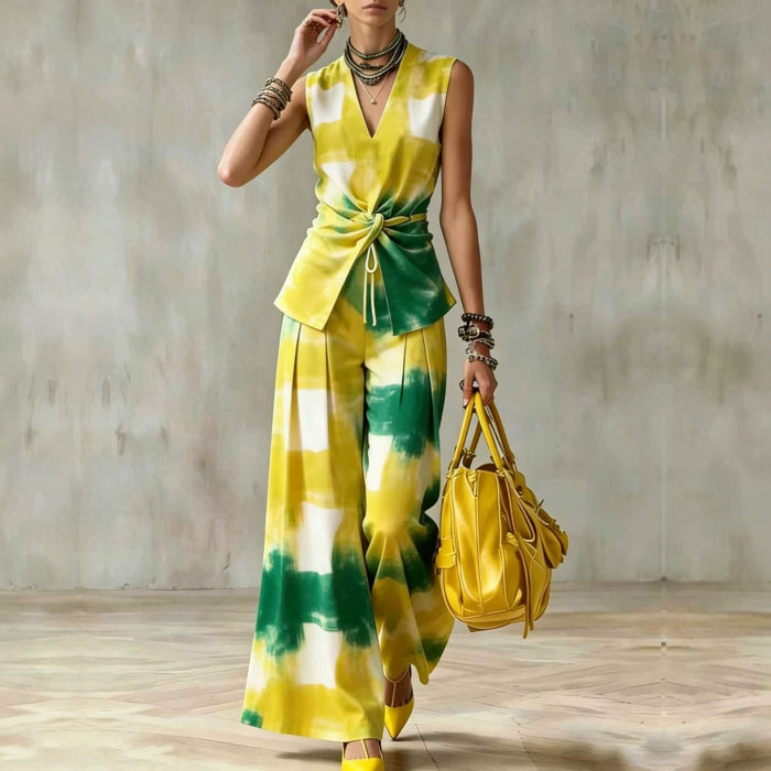 Tie Dye Sleeveless Twist Waist Top & Wide Leg Pants Two Piece Set For Summer Vacation