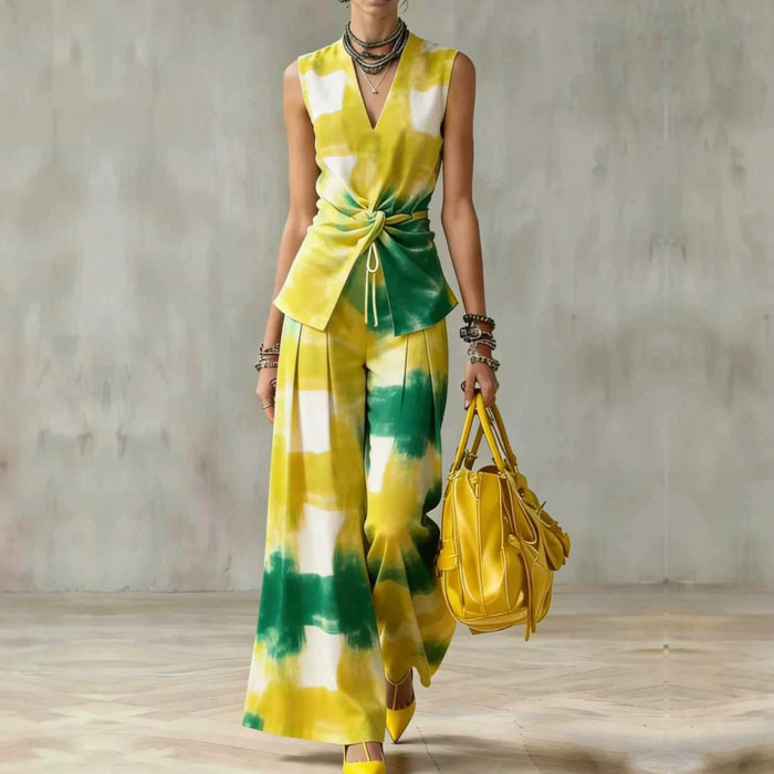 Tie Dye Sleeveless Twist Waist Top & Wide Leg Pants Two Piece Set For Summer Vacation