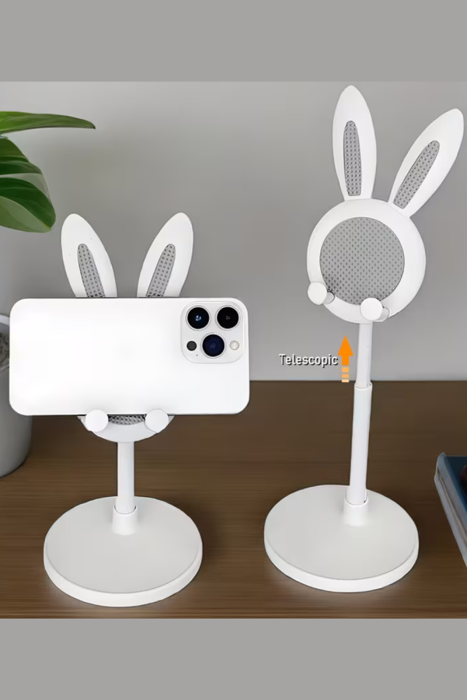 Cute Pink Floral Easter Bunny Phone Stand With Bow for Home Office Desktop Decor