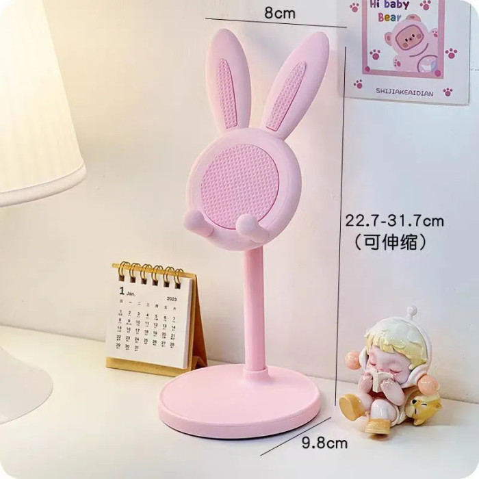 Cute Pink Floral Easter Bunny Phone Stand With Bow for Home Office Desktop Decor