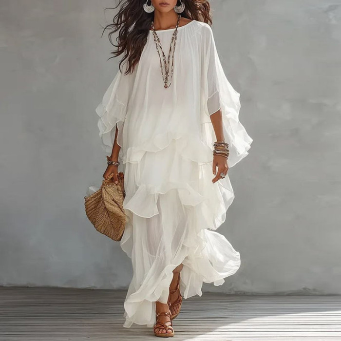 Vintage Solid Batwing Sleeve Tiered Mesh Maxi Dress For Holiday Travel Casual