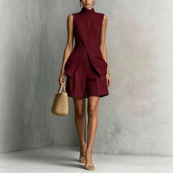 Solid Sleeveless Vest & Shorts Two Piece Set For Summer Street Holiday Casual
