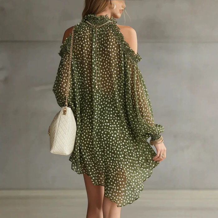 Polka Dot Halter Cold Shoulder Long Sleeve Mini Dress For Cocktail Party