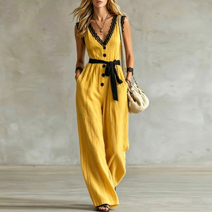 Solid V-Neck Sleeveless Lace Edge Belted Wide Leg Jumpsuit With Pockets For Women Summer Vacation Casual