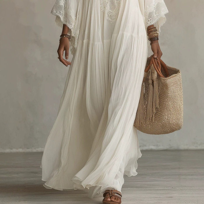 Solid V Neck Lace Trim Flowy Maxi Dress For Beach Holiday & Party