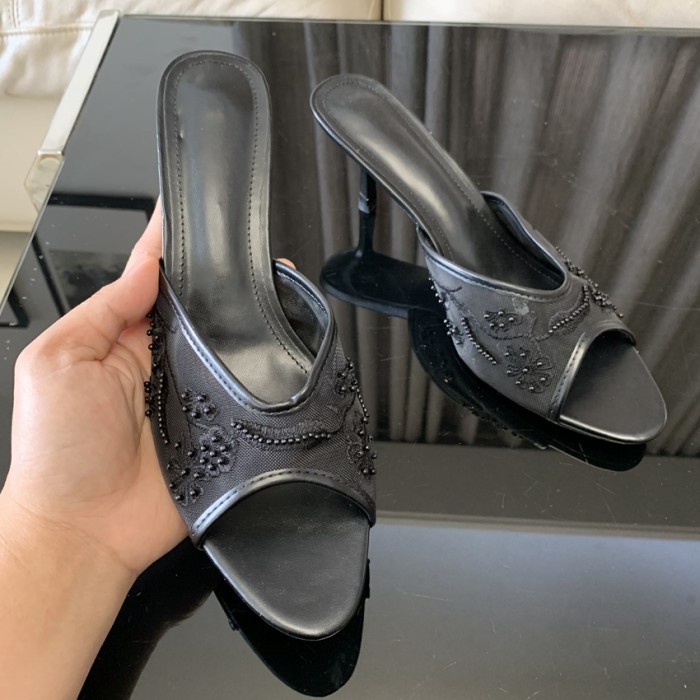 Mesh Embroidered Thin Heel Open Toe Mule Sandals For Women Summer Date Party