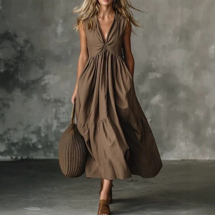Solid Sleeveless Deep V Neck Loose Maxi Dress For Summer Party & Holiday