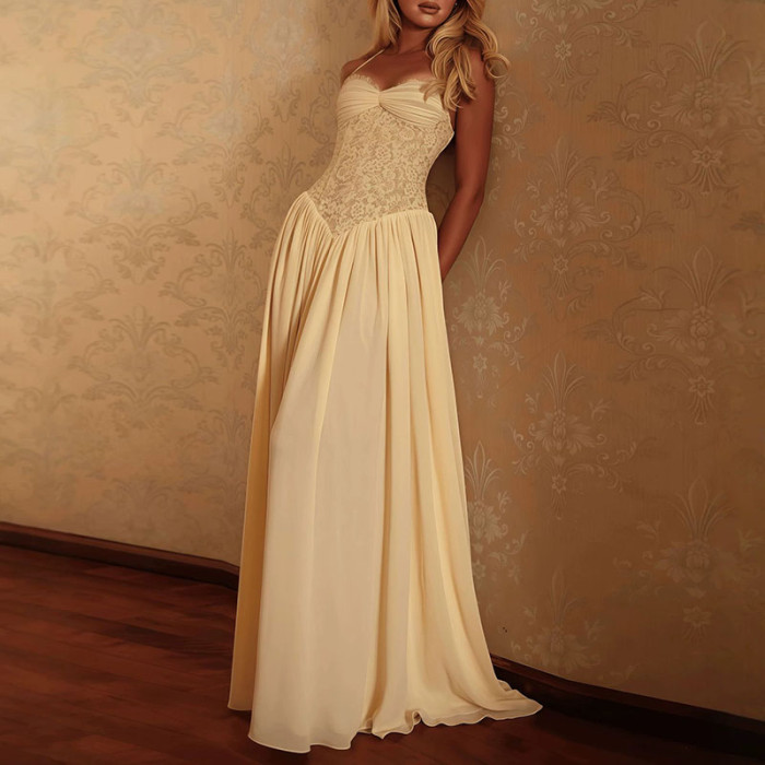 Vintage Spaghetti Strap Pleated Floor Length Dress For Wedding Guest & Evening Events