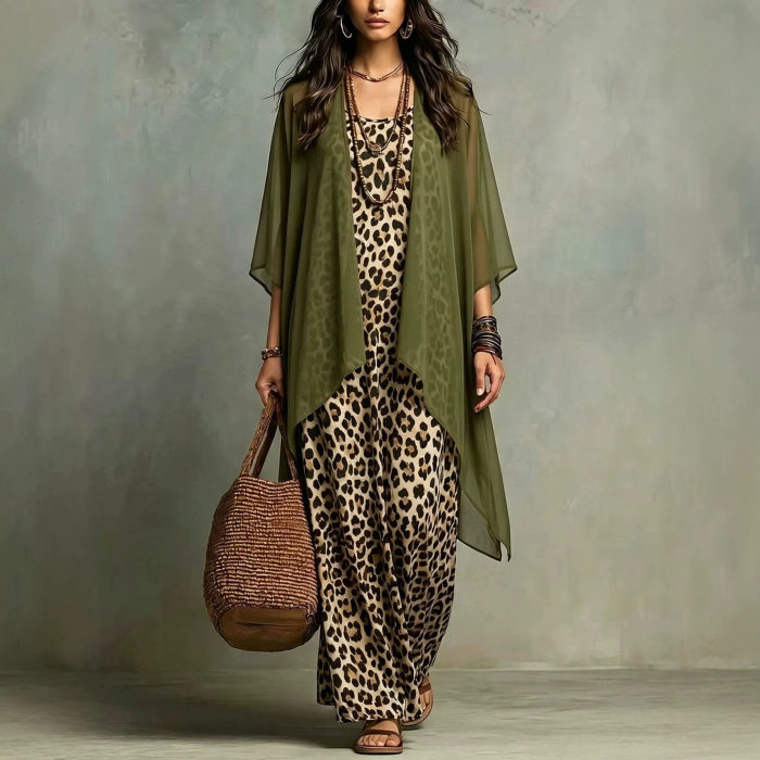 Leopard Print Spaghetti Strap Dress & Sheer Cover Up Two Piece Set For Beach Vacation