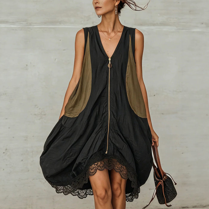 Boho Color Block Patchwork Sleeveless V Neck Midi Dress For Holiday Streetwear