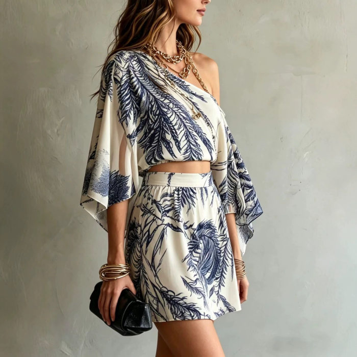 Print One Shoulder Bat Sleeve Top & High Waist Mini Skirt Two Piece Set For Summer Casual