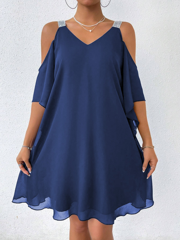 Elegant V Neck Off Shoulder Chiffon Summer Dress For Daily Dating