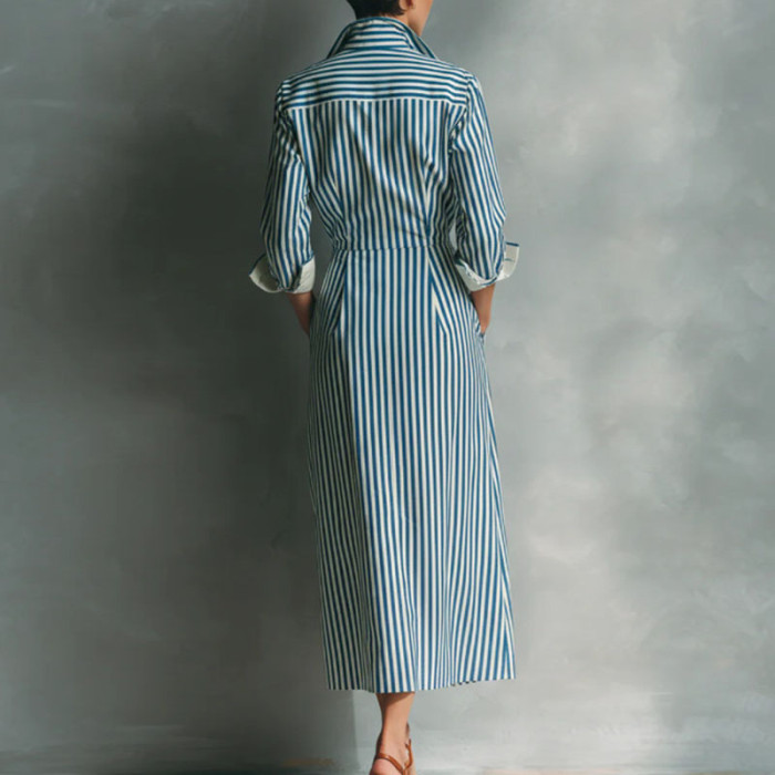 Vintage Striped Turn Down Collar Shirt Midi Dress For Resort Travel Casual
