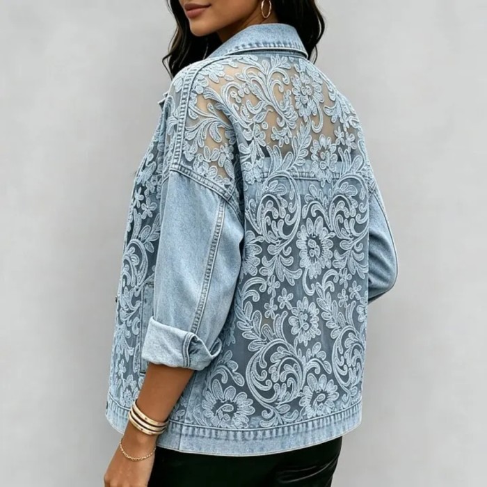 See-Through Lace Patchwork Loose Long Sleeve Denim Jacket For Street Casual