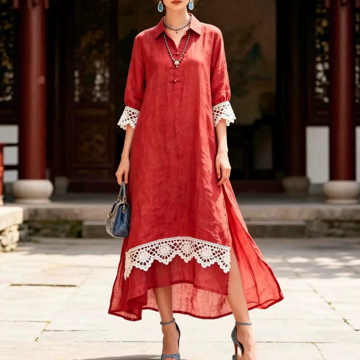 Elegant Turn-down Collar Crochet Lace Split Maxi Shirt Dress For Casual Vacation
