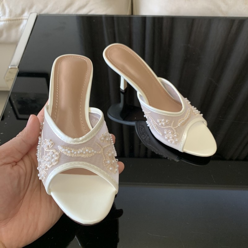 Mesh Embroidered Thin Heel Open Toe Mule Sandals For Women Summer Date Party