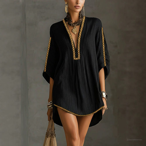 Deep V Batwing Sleeve Loose Bohemian Short Dress For Summer Party Casual