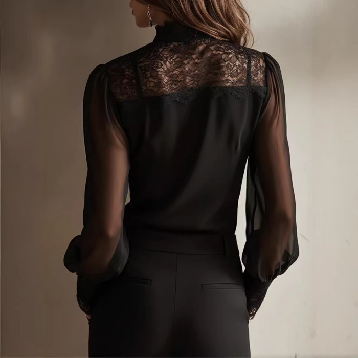 French Retro Lace Spliced Bow Tie Long Sleeve Blouse For Spring Daily