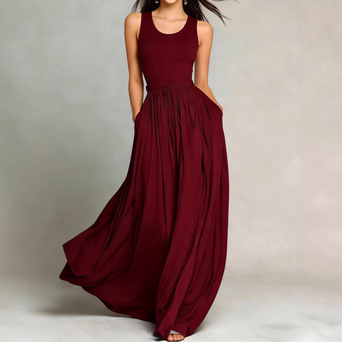 Solid O Neck A-Line Maxi Dress With Pockets For Daily Wear & Holiday