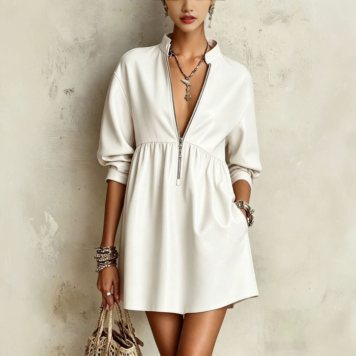 Faux Leather Stand Collar Zip Front Puff Sleeve A-Line Mini Dress For Casual Party Club