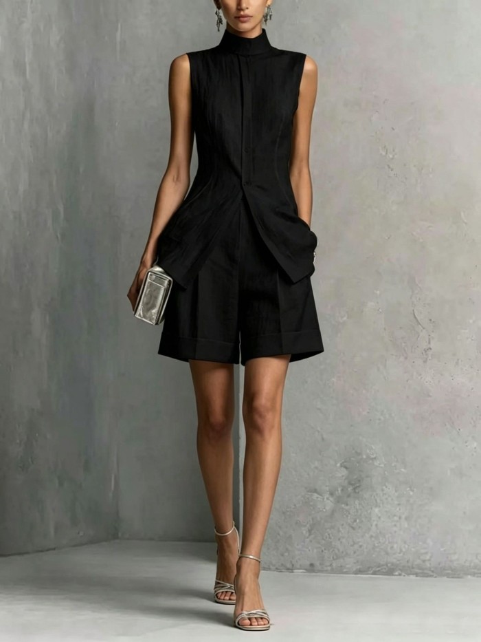 Solid Sleeveless Vest & Shorts Two Piece Set For Summer Street Holiday Casual
