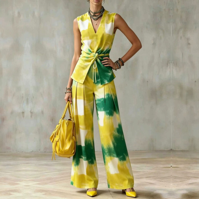 Tie Dye Sleeveless Twist Waist Top & Wide Leg Pants Two Piece Set For Summer Vacation