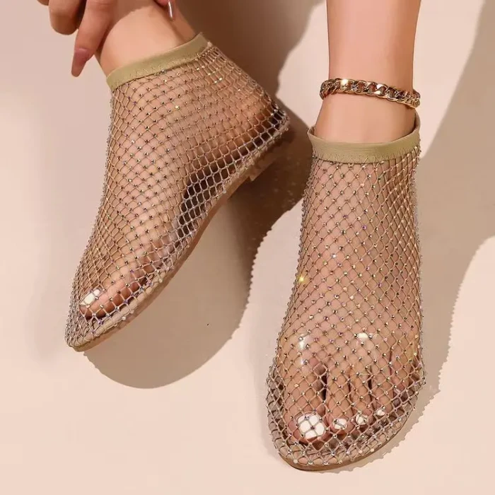 Hollow Fishnet Rhinestone Elastic Flat Sandal Slippers For Women Summer Daily Wear