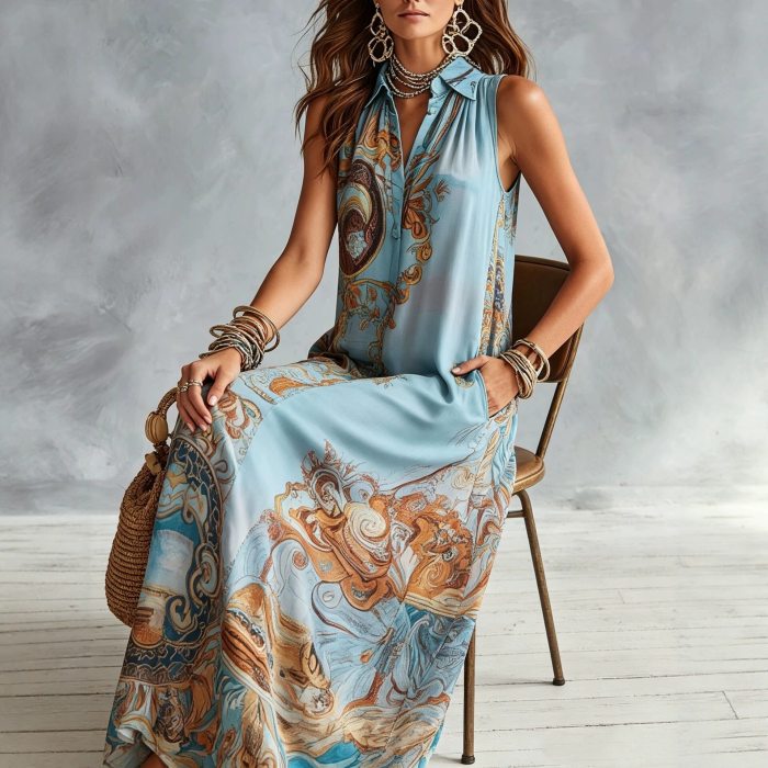 Elegant Sleeveless Printed Turndown Collar Long Dress For Summer Boho Casual
