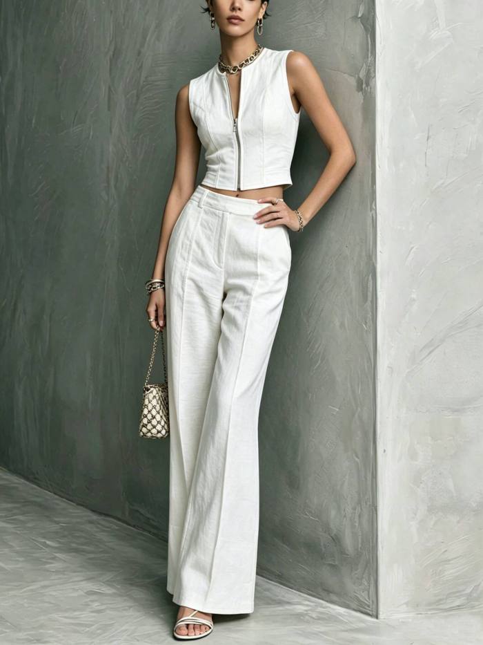 Solid Sleeveless Zip Tank Top & Straight Trousers Two Piece Set For Commuting Summer Casual