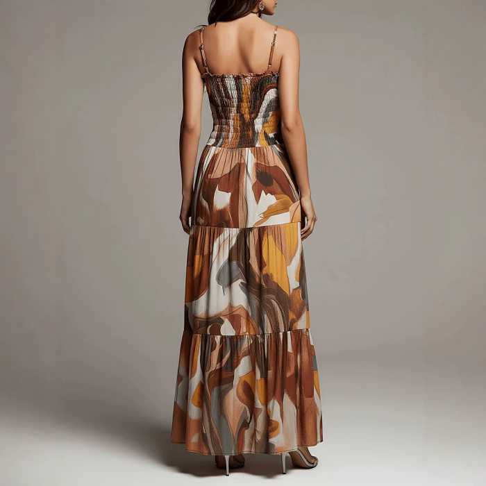 Vintage Abstract Print Spaghetti Strap A-Line Maxi Dress For Bohemian Holiday