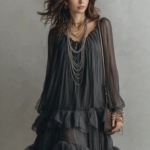 Dark Style Round Neck Sheer Chiffon Irregular Ruffle Tiered Maxi Dress For Evening Outing