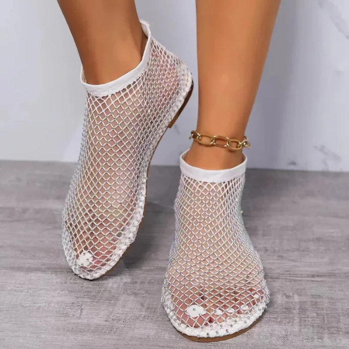 Hollow Fishnet Rhinestone Elastic Flat Sandal Slippers For Women Summer Daily Wear