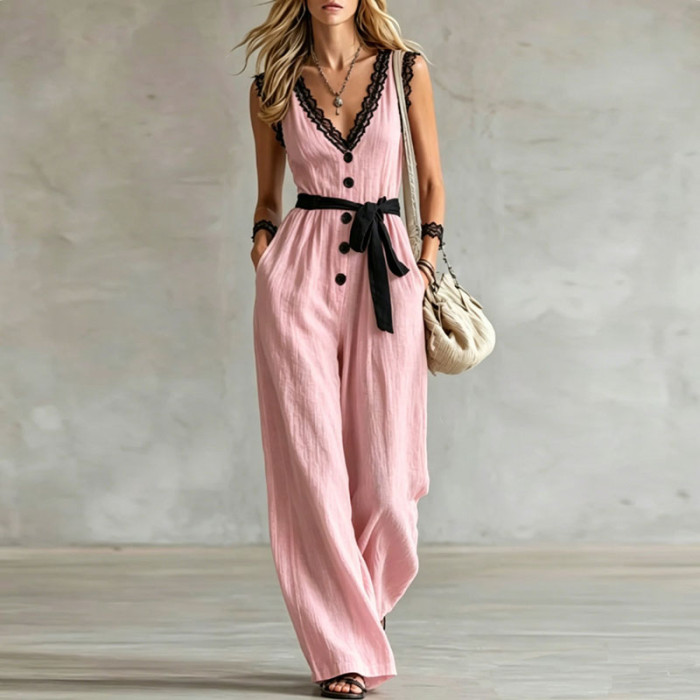 Solid V-Neck Sleeveless Lace Edge Belted Wide Leg Jumpsuit With Pockets For Women Summer Vacation Casual