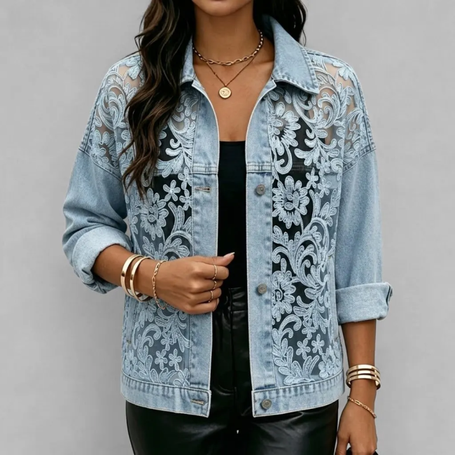 See-Through Lace Patchwork Loose Long Sleeve Denim Jacket For Street Casual
