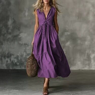 Solid Sleeveless Deep V Neck Loose Maxi Dress For Summer Party & Holiday