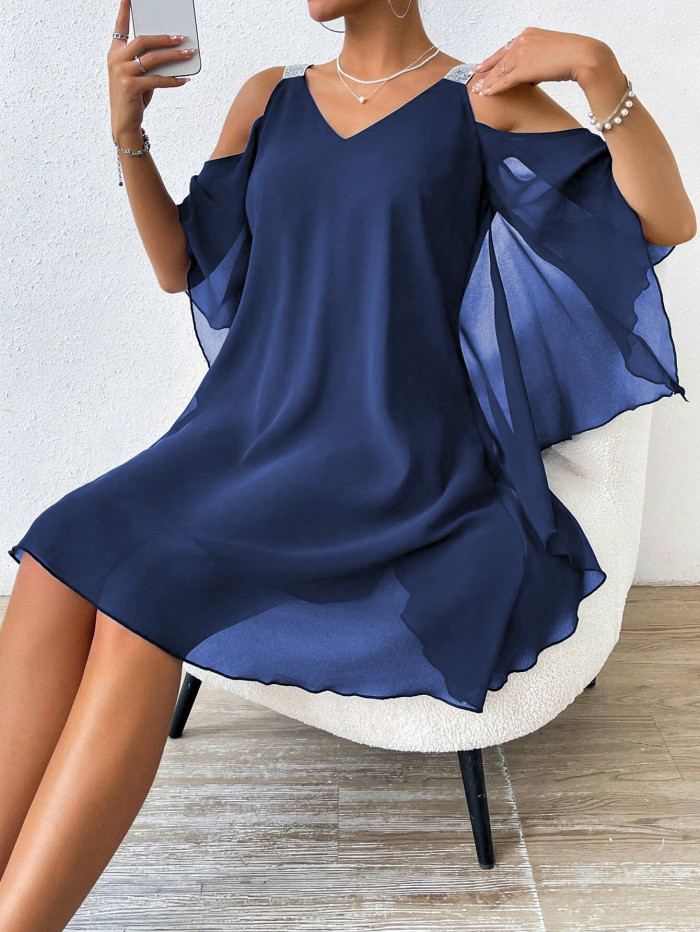 Elegant V Neck Off Shoulder Chiffon Summer Dress For Daily Dating