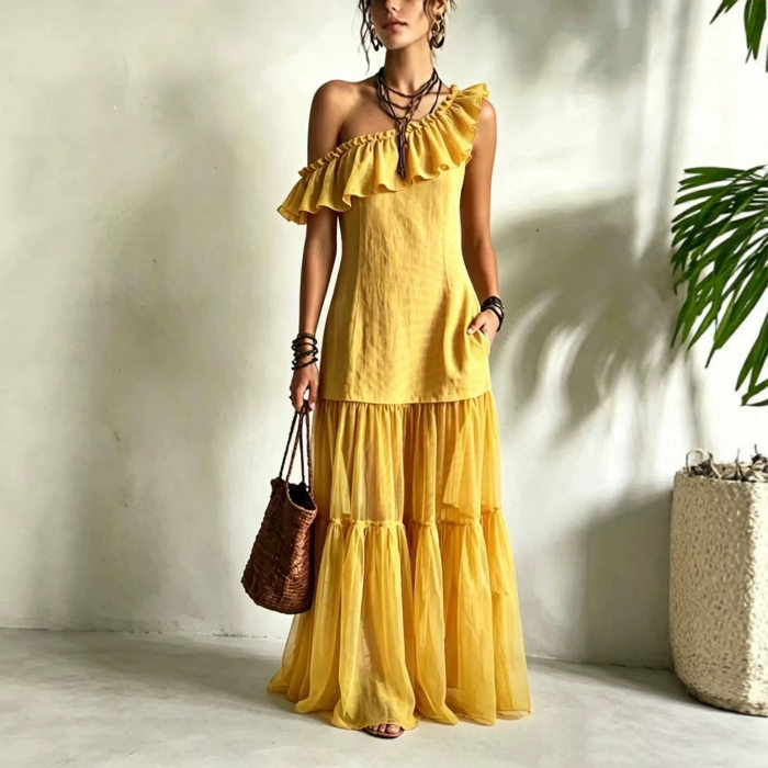 Solid Off Shoulder Tiered Boho Maxi Dress For Beach Party Summer Casual